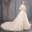 Elegant Champagne Wedding Dresses 2019 A-Line / Princess V-Neck Beading Lace Flower Short Sleeve Backless Chapel Train