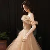 Charming Champagne Rhinestone Prom Dresses 2021 A-Line / Princess Ruffle Off-The-Shoulder Sleeveless Floor-Length / Long Prom Formal Dresses