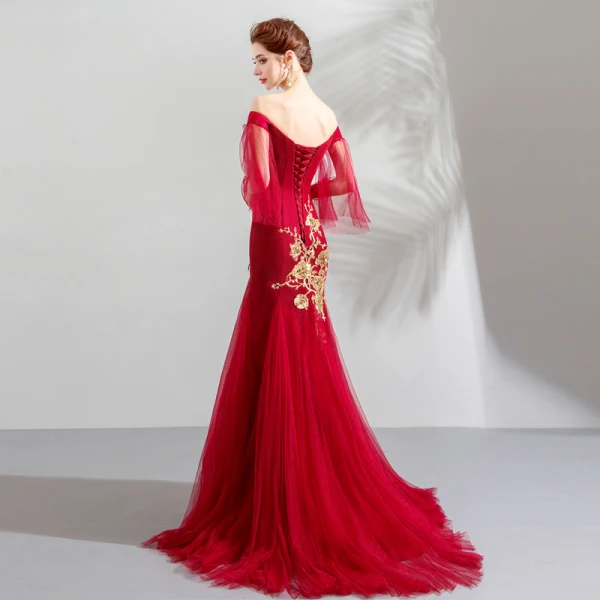 Chic / Belle Rouge Robe De Soirée 2019 Trompette / Sirène De l'épaule Paillettes En Dentelle Fleur Manches Courtes Dos Nu Train De Balayage Robe De Ceremonie