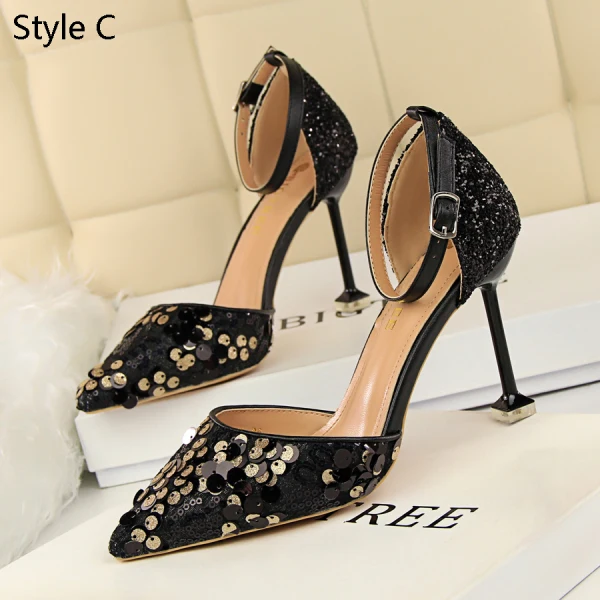 Affordable Silver Casual Womens Shoes 2019 Ankle Strap Sequins 9 cm Stiletto Heels Pointed Toe High Heels