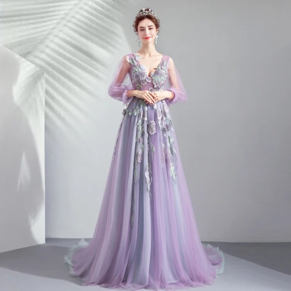 Élégant Lavande Robe De Bal 2019 Princesse V-Cou En Dentelle Appliques Faux Diamant 3/4 Manches Dos Nu Train De Balayage Robe De Ceremonie
