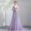 Elegante Lavendel Ballkleider 2019 A Linie V-Ausschnitt Spitze Applikationen Strass 3/4 Ärmel Rückenfreies Sweep / Pinsel Zug Festliche Kleider