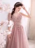 Elegant Pearl Pink Prom Dresses 2019 A-Line / Princess Beading Pearl Lace Flower V-Neck Short Sleeve Backless Floor-Length / Long Formal Dresses