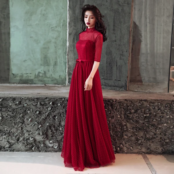 Chic / Beautiful Burgundy Evening Dresses 2019 A-Line / Princess High Neck Spotted Bow 1/2 Sleeves Floor-Length / Long Formal Dresses
