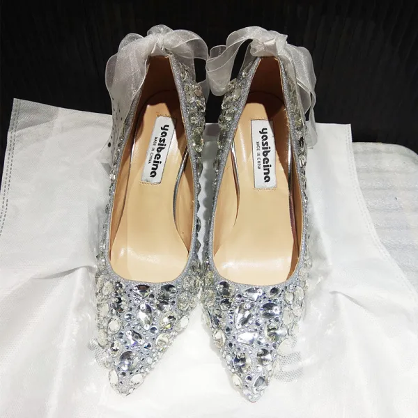 Charmant Argenté Chaussure De Mariée 2019 Noeud Faux Diamant Paillettes 10 cm Talons Aiguilles À Bout Pointu Mariage Escarpins
