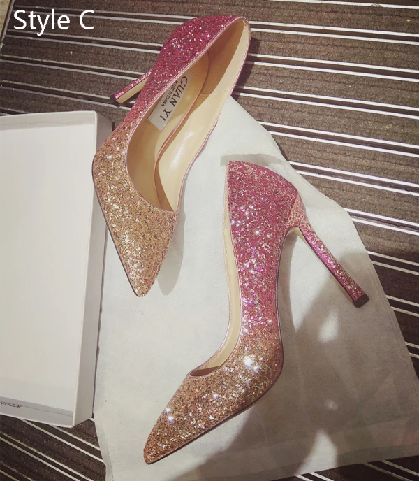 Charmant Dégradé De Couleur Argenté Chaussure De Mariée 2019 Paillettes 10 cm Talons Aiguilles À Bout Pointu Mariage Escarpins