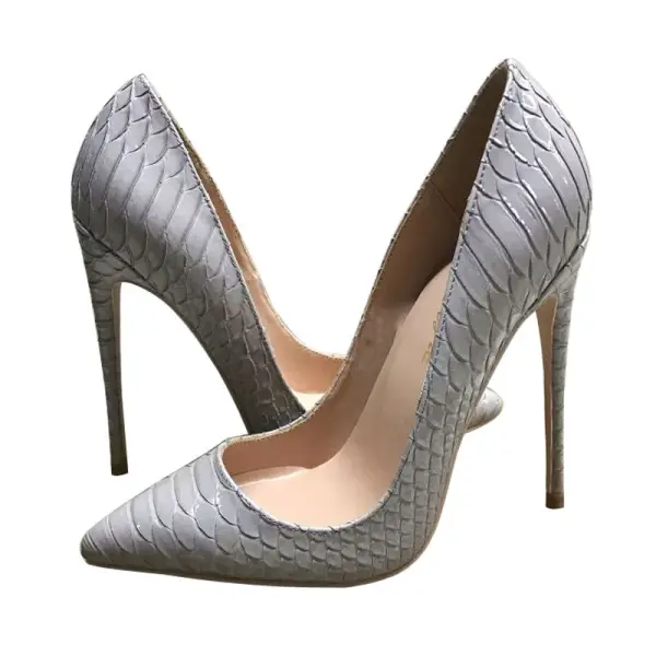 Simple Gris Bureau Escarpins 2019 Polyester Motif Peau De Serpent 12 cm Talons Aiguilles À Bout Pointu Escarpins