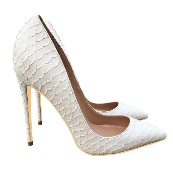 Schöne Weiß Freizeit Pumps 2019 Schlangenhautmuster 12 cm Stilettos Spitzschuh Pumps