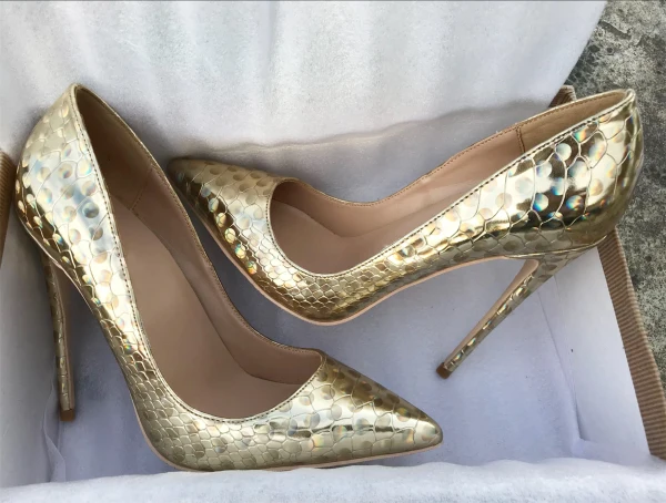 Schöne Gold Laser Freizeit Pumps 2019 Leder 12 cm Stilettos Spitzschuh Pumps