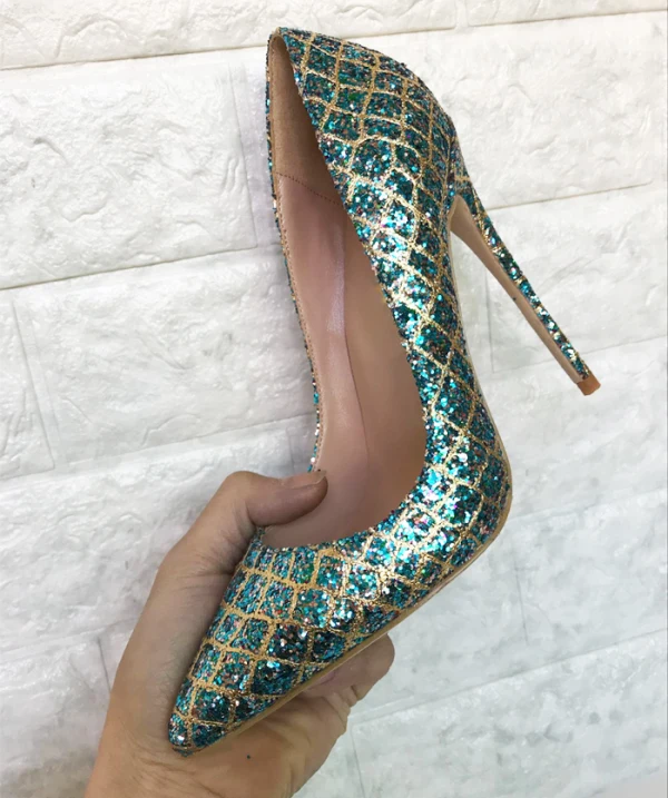 Glitzernden Jägergrün Abend Pumps 2019 Leder Pailletten 12 cm Stilettos Spitzschuh Pumps