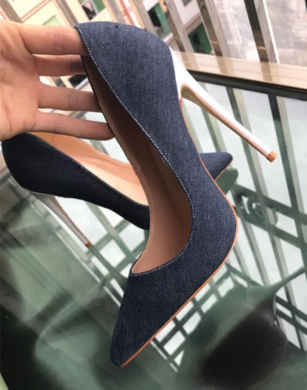 Schöne Marineblau Freizeit Pumps 2019 Leder 12 cm Stilettos Spitzschuh Pumps