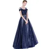 Sparkly Navy Blue Evening Dresses  2018 A-Line / Princess Glitter Sequins Metal Sash Shoulders Backless Sleeveless Floor-Length / Long Formal Dresses