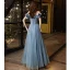 Chic / Belle Bleu Ciel Robe De Bal 2021 Princesse De l'épaule Perlage Manches Courtes Dos Nu Longue Robe De Ceremonie
