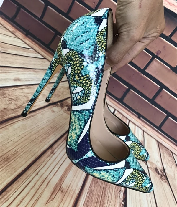 Fine Jadegrønn Casual Pumps 2019 Slangeskinn Print 12 cm Stiletthæler Spisse Pumps