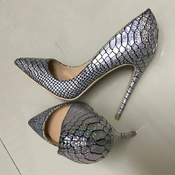 Amazing / Unique Silver Rave Club Pumps 2019 Snakeskin Print Leather 12 cm Stiletto Heels Pointed Toe Pumps