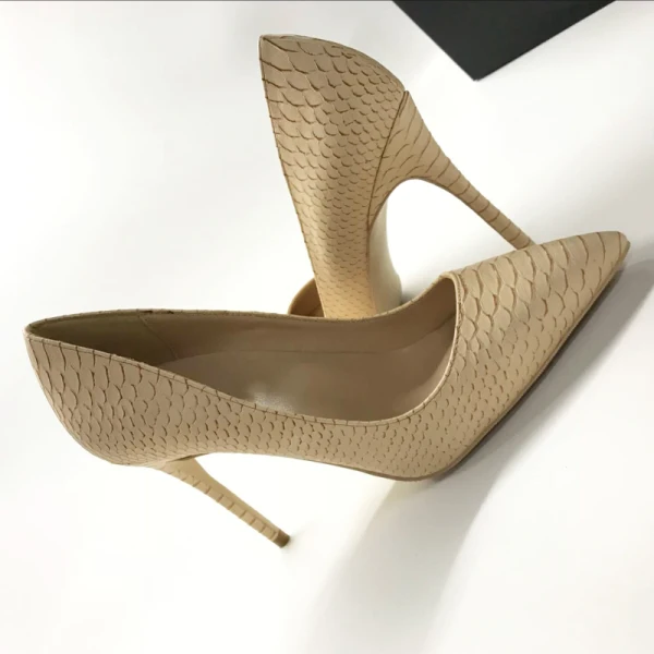 Simple Beige Désinvolte Escarpins 2019 Cuir Motif Peau De Serpent 10 cm Talons Aiguilles À Bout Pointu Escarpins