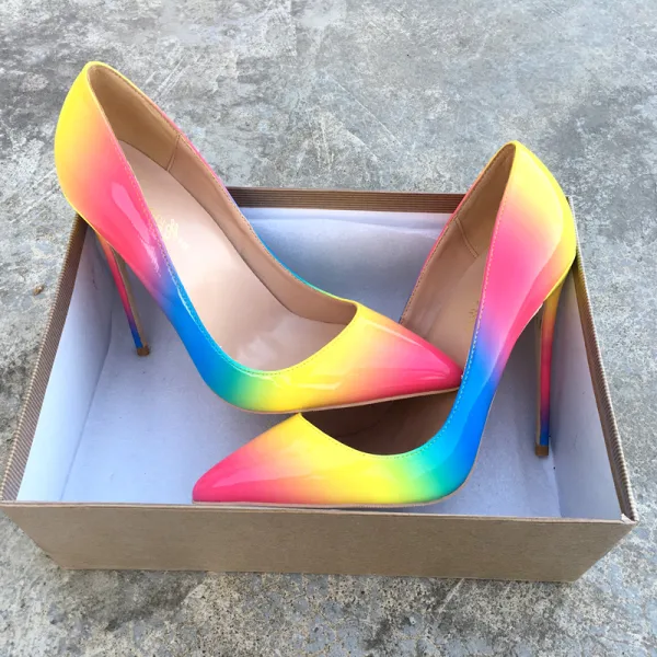 Fine Regnbue Oppnevning Pumps 2019 Lær Multi-Farger 10 cm Stiletthæler Spisse Pumps