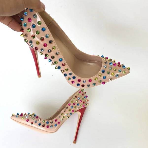 Schöne Nude Abend Pumps 2019 Leder Multifarben Niet 12 cm Stilettos Spitzschuh Pumps