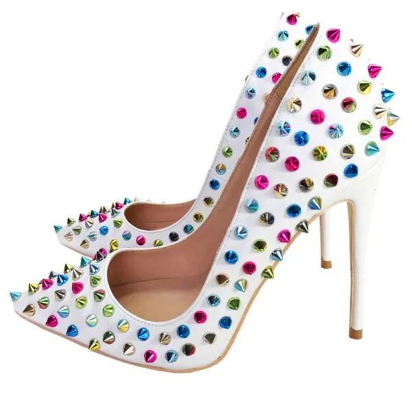 Chic / Beautiful White Casual Pumps 2019 Leather Multi-Colors Rivet 12 cm Stiletto Heels Pointed Toe Pumps