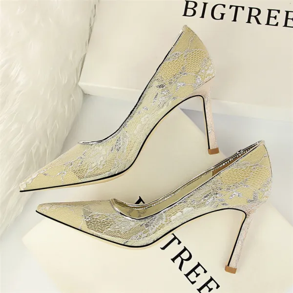Fine Sølv Blonder Aften Pumps 2019 8 cm Stiletthæler Spisse Pumps