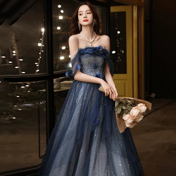 Charmant Océan Bleu Robe De Bal 2021 Princesse De l'épaule Perlage Appliques Paillettes Sans Manches Dos Nu Longue Robe De Ceremonie