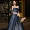 Charming Ocean Blue Prom Dresses 2021 A-Line / Princess Off-The-Shoulder Beading Appliques Sequins Sleeveless Backless Floor-Length / Long Formal Dresses