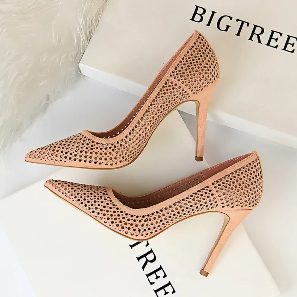 Schöne Schwarz Freizeit Durchbohrt Pumps 2019 Wildleder Strass 9 cm Stilettos Spitzschuh Pumps