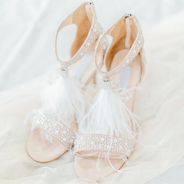 Charmant Beige Brautschuhe 2019 Strass Feder 9 cm Stilettos Peeptoes Hochzeit Hochhackige