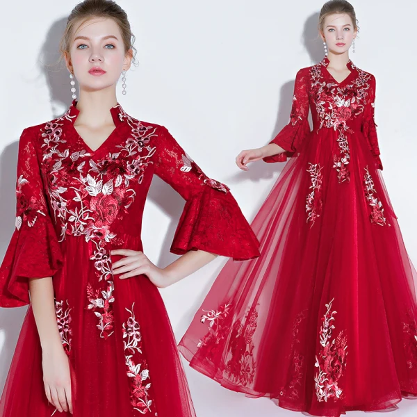 Chinese style Grey Evening Dresses  2018 A-Line / Princess Lace Appliques V-Neck 3/4 Sleeve Floor-Length / Long Formal Dresses
