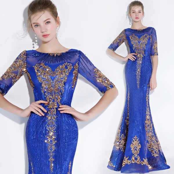 Scintillantes Grape Robe De Soirée 2018 Trompette / Sirène Glitter Paillettes Brodé Encolure Dégagée 1/2 Manches Longue Robe De Ceremonie