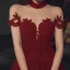 Fabulous Burgundy Prom Dresses 2021 A-Line / Princess High Neck Beading Crystal Lace Flower Short Sleeve Backless Floor-Length / Long Formal Dresses