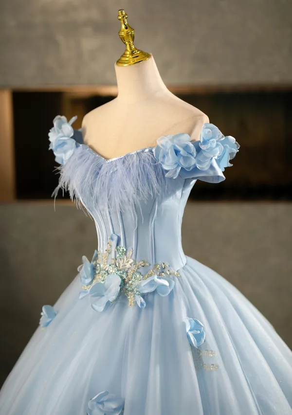 Elegant Sky Blue Beading Sequins Appliques Prom Dresses 2025 Ball Gown Off-The-Shoulder Tassel Short Sleeve Backless Floor-Length / Long Formal Dresses