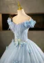 Elegant Sky Blue Beading Sequins Appliques Prom Dresses 2025 Ball Gown Off-The-Shoulder Tassel Short Sleeve Backless Floor-Length / Long Formal Dresses