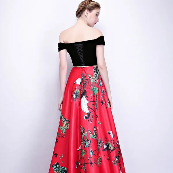 Chic / Beautiful Red Evening Dresses 2018 A-Line / Princess Metal Sash Printing Off-The-Shoulder Backless Sleeveless Floor-Length / Long Formal Dresses