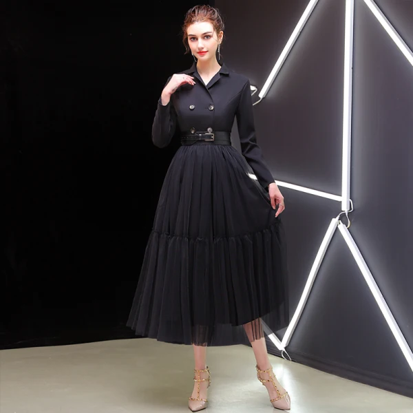 Elegant Black Evening Dresses  2019 A-Line / Princess V-Neck Sash Long Sleeve Tea-length Formal Dresses