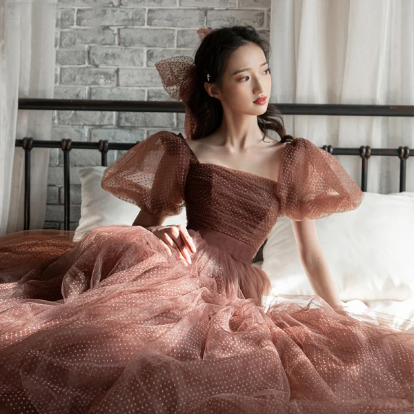 Vintage / Retro Brown Spotted Prom Dresses 2021 A-Line / Princess Square Neckline Bell sleeves Backless Floor-Length / Long Formal Dresses