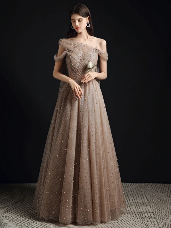 Fashion Champagne Pearl Prom Dresses 2021 A-Line / Princess One-Shoulder Short Sleeve Backless Floor-Length / Long Formal Dresses