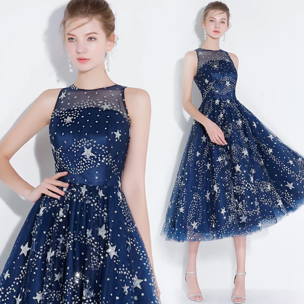 Scintillantes Bleu Marine de retour Robe De Soirée 2018 Princesse Thé Longueur Glitter Étoile Encolure Dégagée Transparentes Sans Manches Robe De Ceremonie