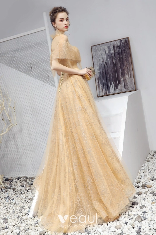 Chic Beautiful Gold Prom Dresses 2019 A Line Princess Scoop Neck Sequins Crystal Short Sleeve Backless Floor Length Long Formal Dresses