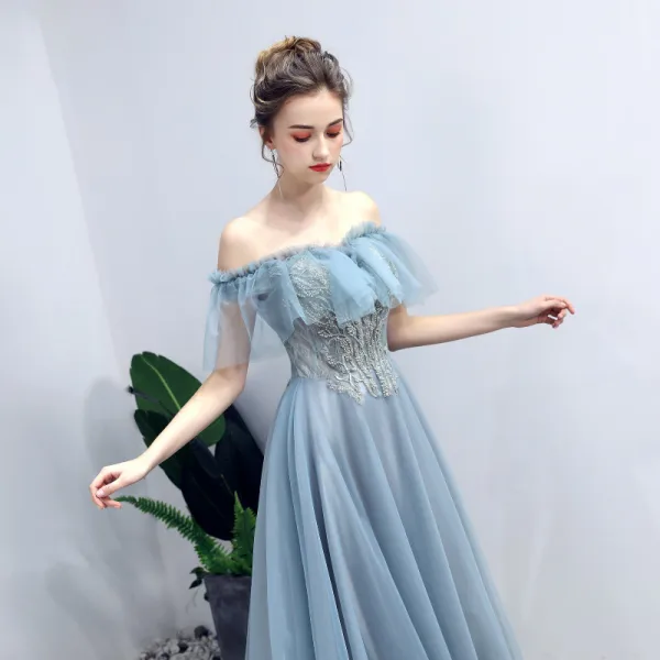Élégant Bleu Robe De Bal 2019 Princesse De l'épaule Perlage Perle En Dentelle Fleur Manches Courtes Dos Nu Longue Robe De Ceremonie