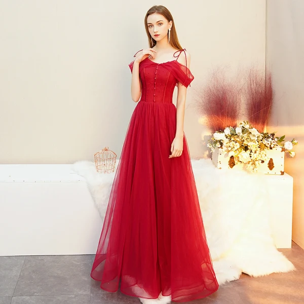 Chic / Belle Rouge Robe De Soirée 2019 Princesse Bretelles Spaghetti Noeud Dos Nu 3/4 Manches Longue Robe De Ceremonie