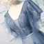 Chic / Beautiful Pool Blue Prom Dresses 2019 A-Line / Princess V-Neck Lace Short Sleeve Backless Bow Floor-Length / Long Formal Dresses