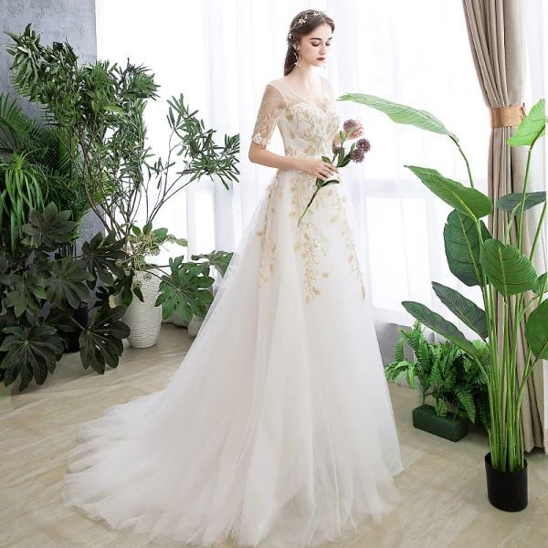 Abordable Ivoire Robe De Mariée 2019 Princesse V-Cou Paillettes En Dentelle Fleur Manches Courtes Dos Nu Train De Balayage