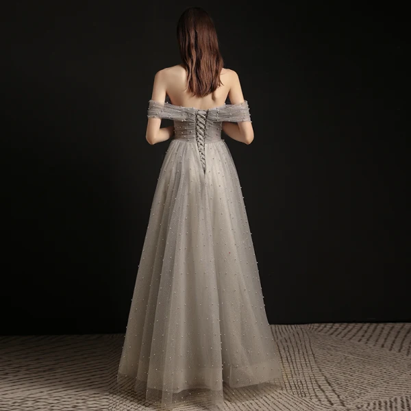 Charming Grey Pearl Prom Dresses 2021 A-Line / Princess Off-The-Shoulder Sleeveless Backless Floor-Length / Long Formal Dresses