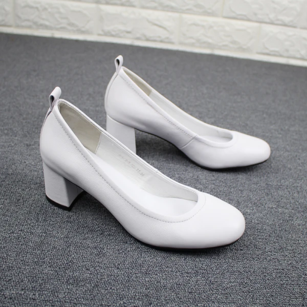Simple Kaki Désinvolte Escarpins 2019 Cuir 5 cm Talons Épais À Bout Rond Escarpins