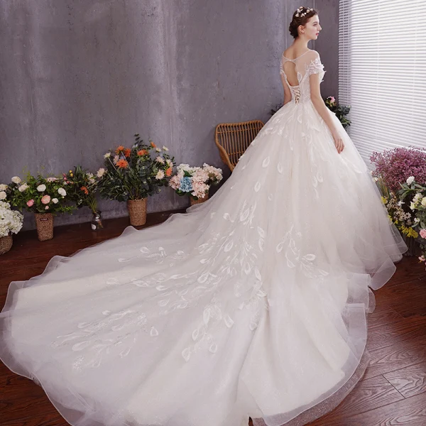 Charmant Ivoire Robe De Mariée 2019 Princesse Encolure Dégagée Perlage Appliques Manches Courtes Dos Nu Cathedral Train