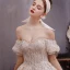 Charmant Champagner Brautkleider / Hochzeitskleider 2019 A Linie Off Shoulder Perlenstickerei Kristall Pailletten Perle Ärmellos Rückenfreies Königliche Schleppe