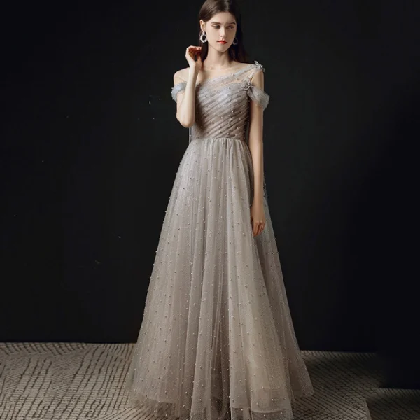 Chic / Beautiful Grey Pearl Prom Dresses 2021 A-Line / Princess Scoop Neck Short Sleeve Backless Floor-Length / Long Formal Dresses