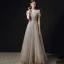 Chic / Beautiful Grey Pearl Prom Dresses 2021 A-Line / Princess Scoop Neck Short Sleeve Backless Floor-Length / Long Formal Dresses