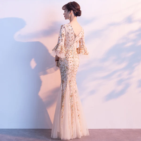 Charming Champagne Evening Dresses 2019 Trumpet / Mermaid V-Neck Sequins Bell sleeves Backless Floor-Length / Long Formal Dresses